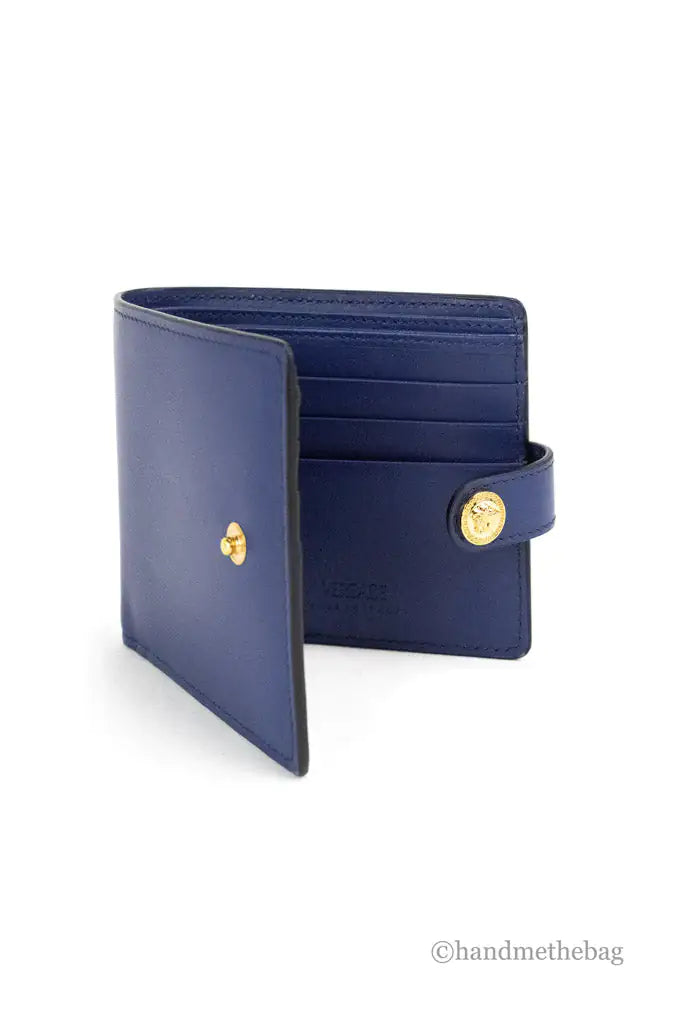 Versace Navy Blue Compact Leather Medusa Snap Bifold Wallet Mimarta
