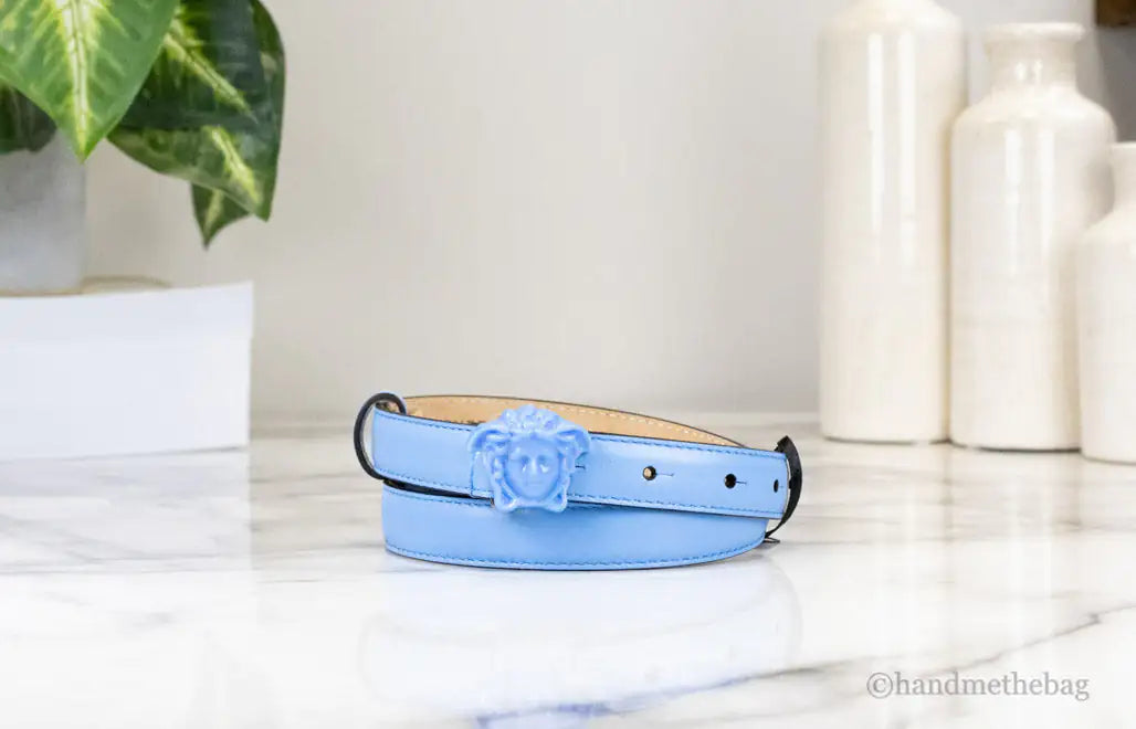 Versace DV Blue Leather Slim 20mm Adjustable Medusa Belt Mimarta