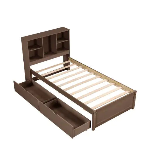 Modern Twin Size Bed Frame With Built-in USB Port On Bookcase Headboard And 2 Drawers For Walnut Color Rieworkes