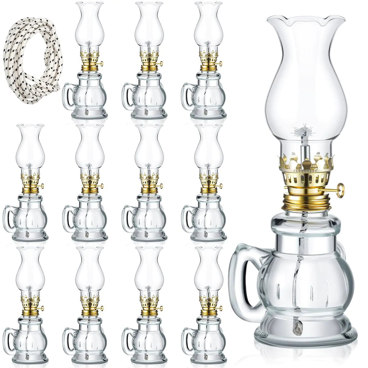 Yexiya 12 Pcs Oil Lamp Vintage Glass Kerosene Lamp Rustic Lantern Chamber Oil Lamps Clear Kerosene Lamp Hurricane Lamp with 6.6 ft Extra Wick for Indoor Use Home Decor Emergency (Elegant) Mimarta