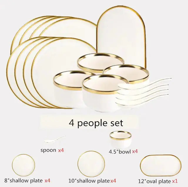 High-quality Matte Gilt Rim White Porcelain Dinner Tray Kitchen Plates Ceramic Tableware Food Dishes Rice Salad Noodles Bowl Rieworkes
