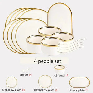 High-quality Matte Gilt Rim White Porcelain Dinner Tray Kitchen Plates Ceramic Tableware Food Dishes Rice Salad Noodles Bowl Rieworkes