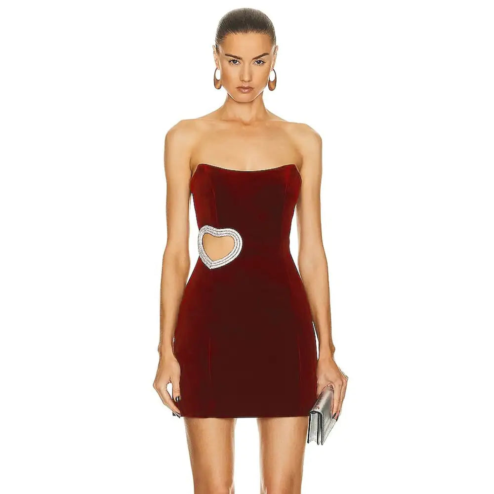Women's Wine Red Heart Shaped Diamond Tube Top Dress Rieworkes