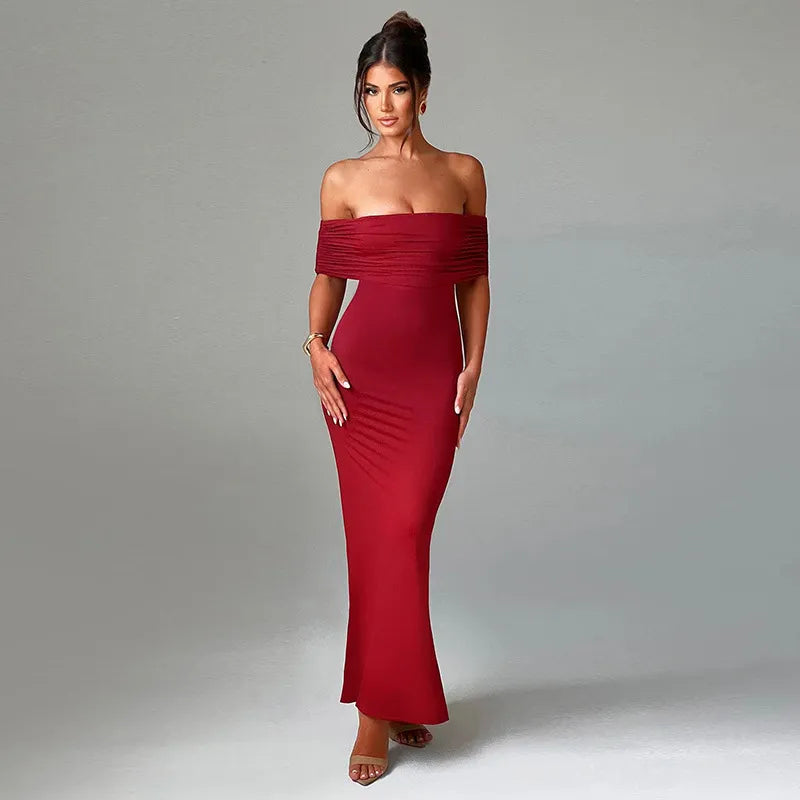 Socialite Style Elegant Sexy Backless Off-shoulder Dress Women Rieworkes