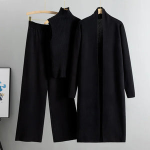Women's 3-Piece Knit Set: Sleeveless Vest, Long Cardigan, and Wide-Leg Pants Rieworkes