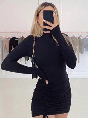 Black Turtleneck Ruched Bodycon Mini Dress for Women Mimarta