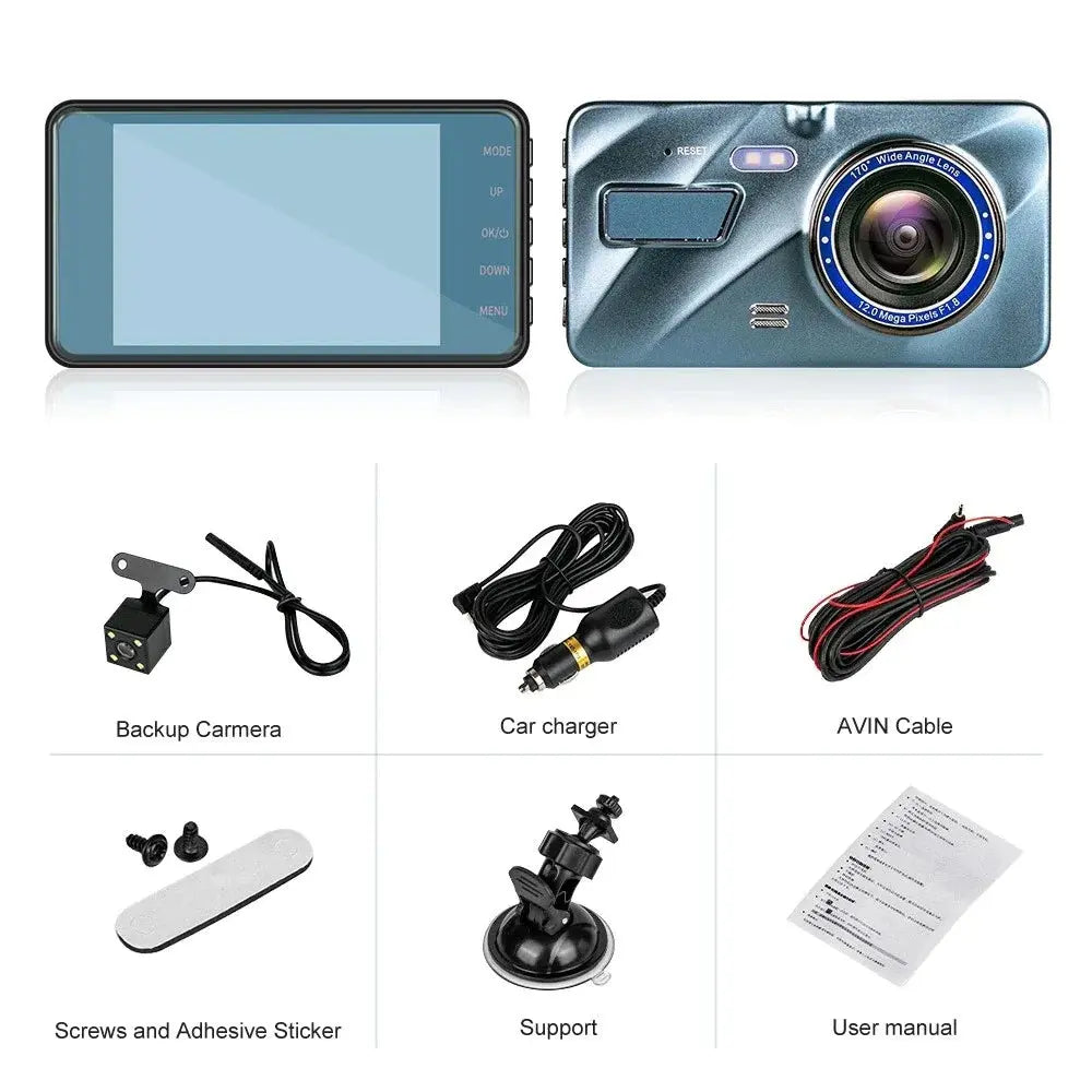 Touch Screen Dash Cam 4" 1080P Dual Lens Car DVR Recorder Front And Rear Camera Rieworkes