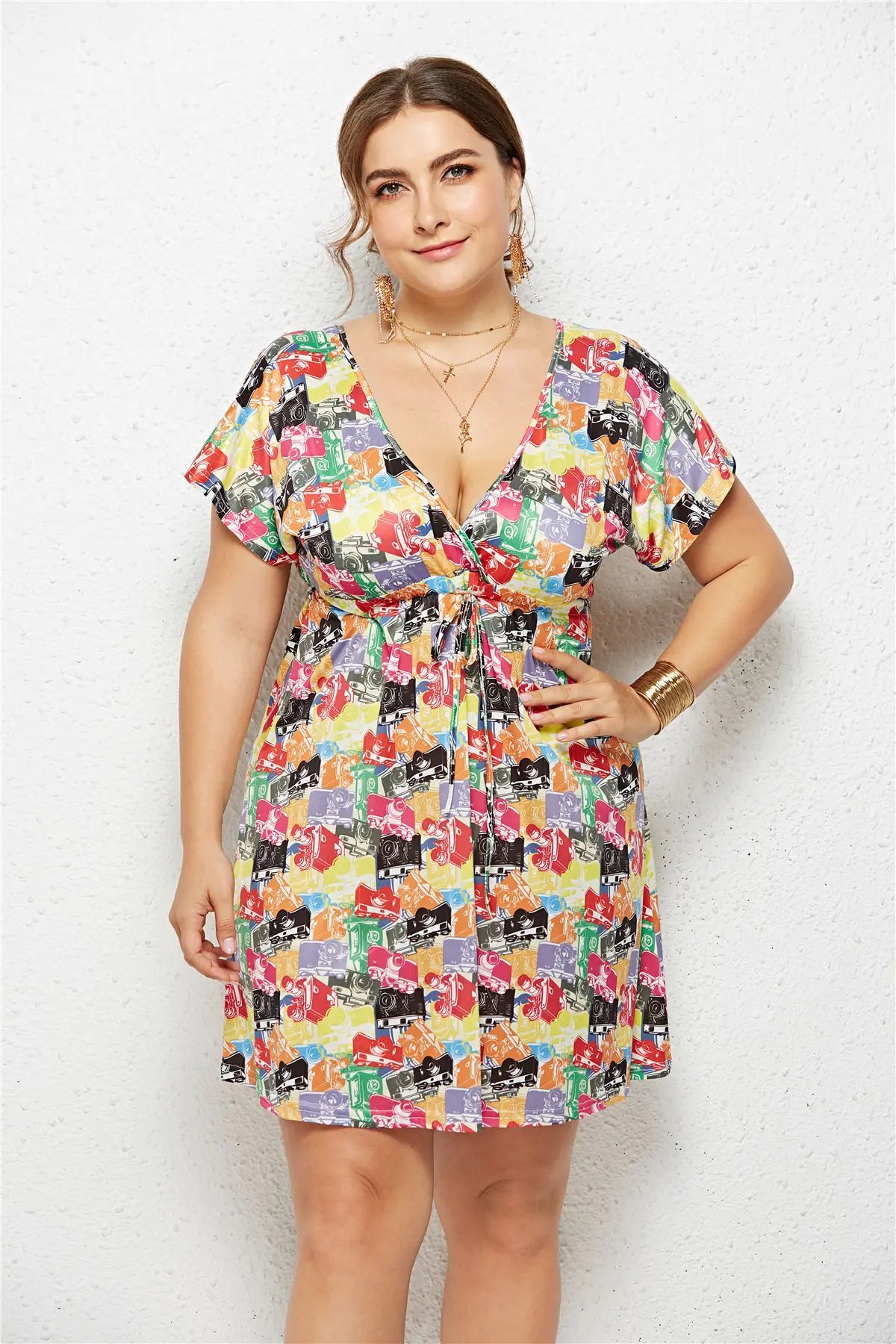 Printed Deep V-Neck Dress with Elastic Waist Mimarta