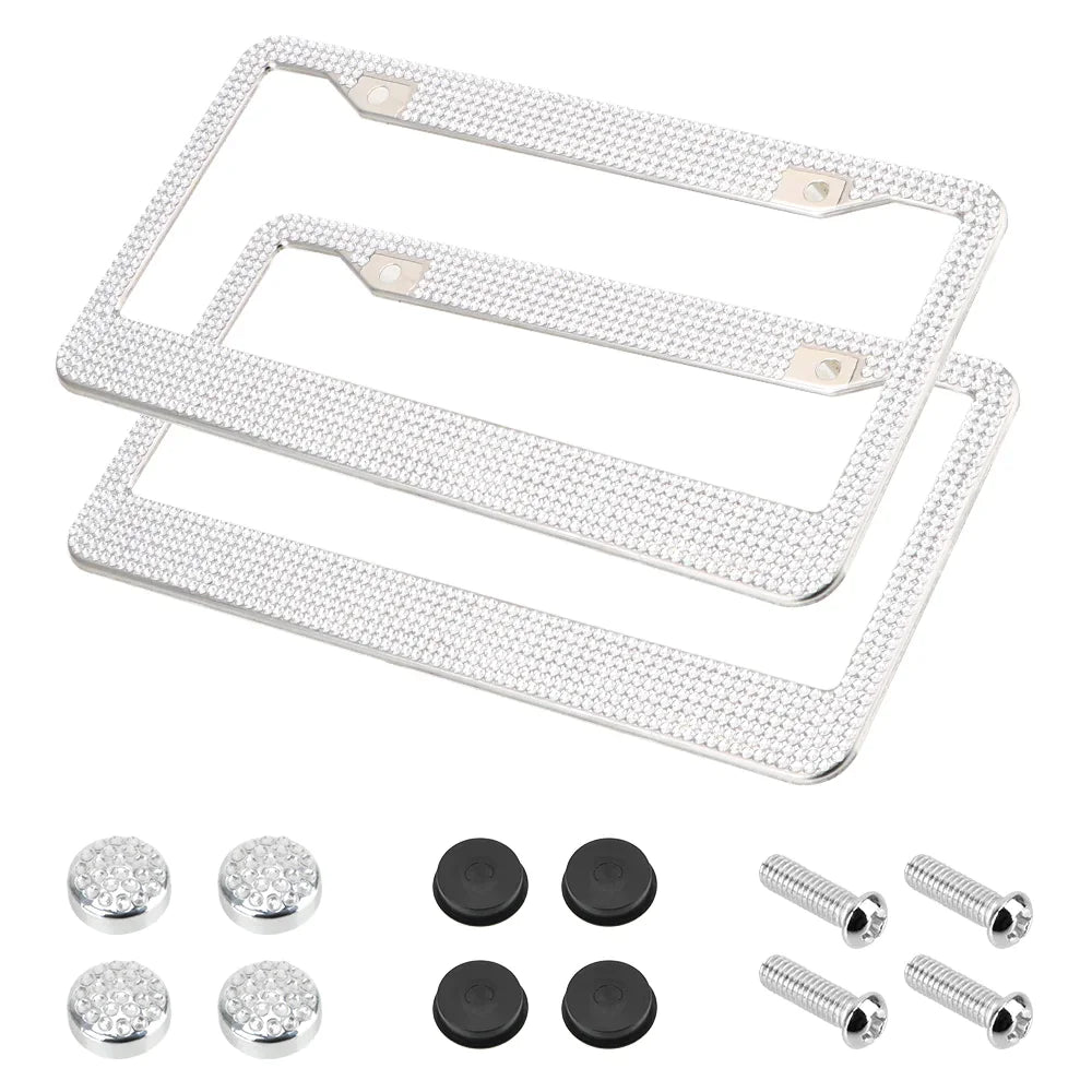 2PCS Bling License Plate Frame Glitter Crystal Sparkling Rhinestone Diamond Caps Rieworkes