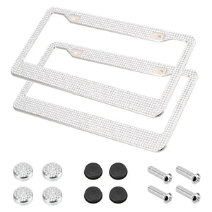 2PCS Bling License Plate Frame Glitter Crystal Sparkling Rhinestone Diamond Caps Rieworkes