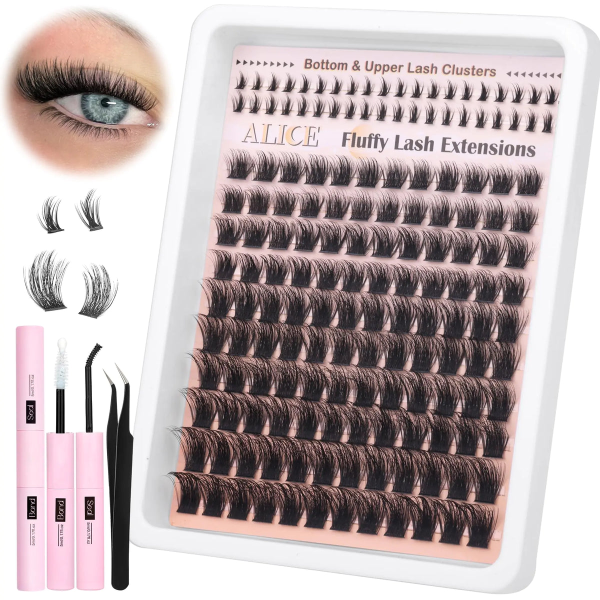 Fluffy Lash Extensions Kit 6-18mm Wispy Volume Lash Clusters Kit Cluster Eyelash Extension Kit 160pcs CD Curl Individual Lashes Kit with Bottom Lashes Lash Glue Self Application at Home by ALICE Mimarta