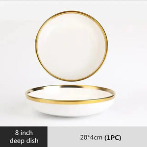 High-quality Matte Gilt Rim White Porcelain Dinner Tray Kitchen Plates Ceramic Tableware Food Dishes Rice Salad Noodles Bowl Rieworkes