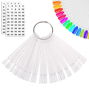 JASSINS 150 Pcs Nail Swatch Sticks with Ring and Number posted, Clear Fan-shaped Nail Art Polish Practice Display Tips Nail Sample Sticks, Nail Practice Color Display Polish Board C. Transparent (150 PCS) Rieworkes