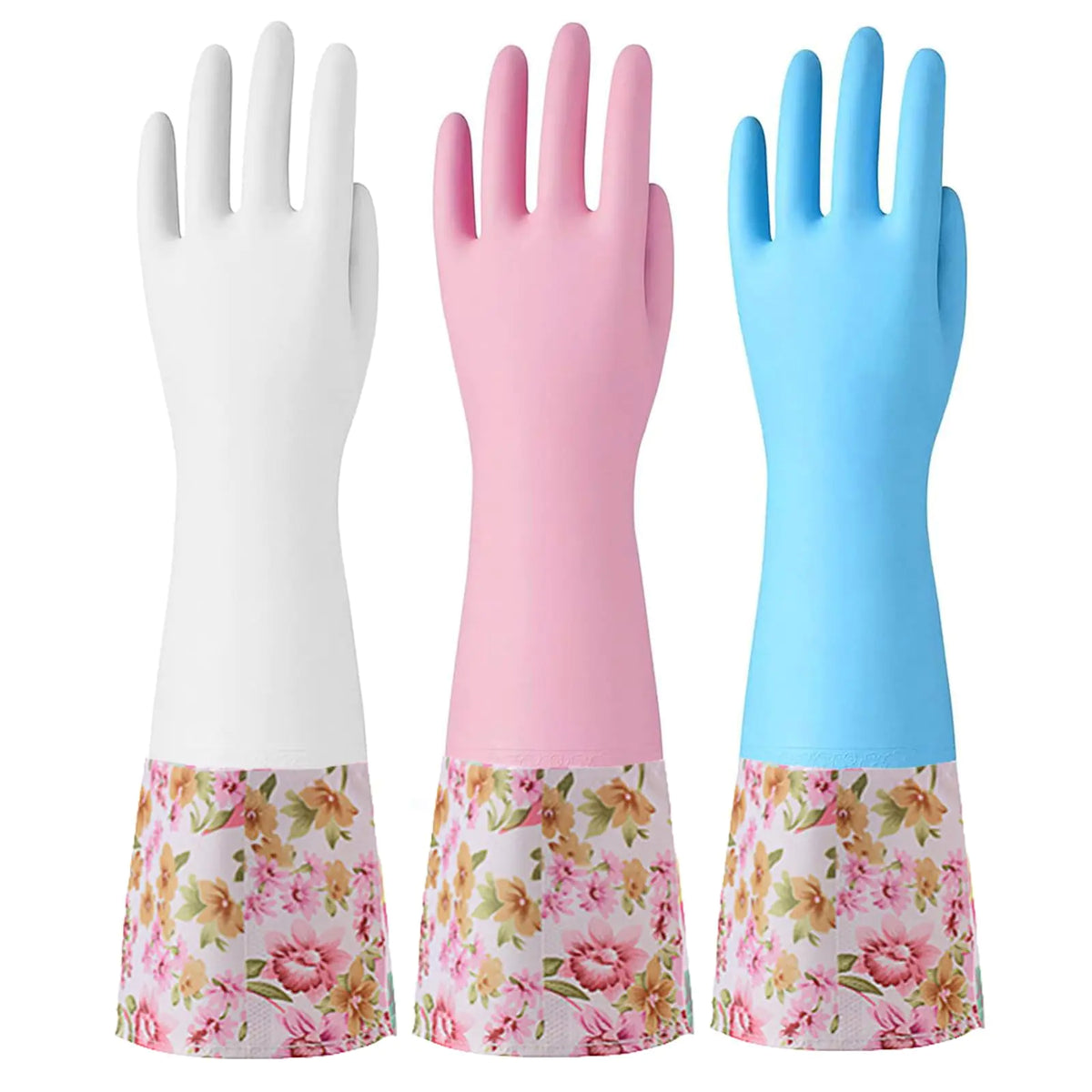 KINGFINGER 3 Pairs Rubber Cleaning Gloves Kitchen Gloves Large Dish Gloves with Flocked Cotton Liner Long cuff Household Cleaning Gloves for Washing Dishes(Blue White Pink) Mimarta
