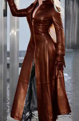 Women's Long PU Leather Jacket with Stand Collar Mimarta