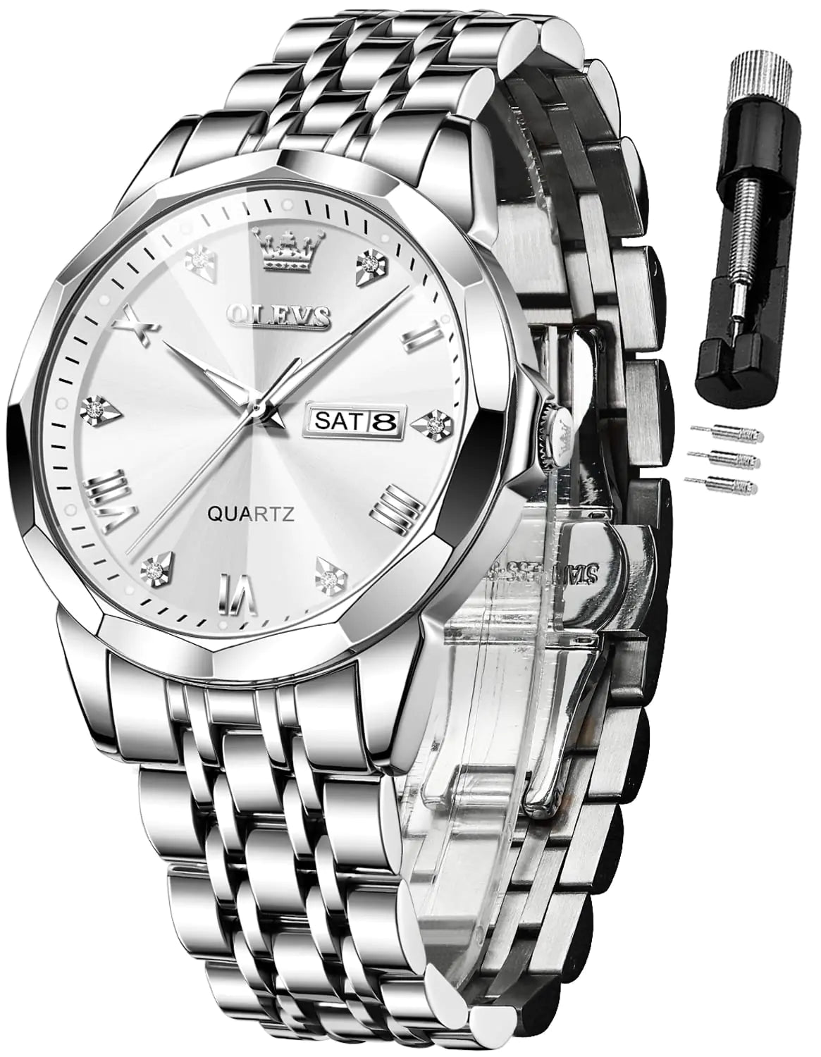 OLEVS Watch for Men Diamond Business Dress Analog Quartz Stainless Steel Waterproof Luminous Date Two Tone Luxury Casual Wrist Watch silver watch for men Rieworkes