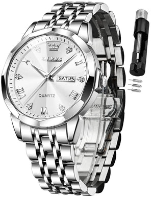 OLEVS Watch for Men Diamond Business Dress Analog Quartz Stainless Steel Waterproof Luminous Date Two Tone Luxury Casual Wrist Watch silver watch for men Rieworkes