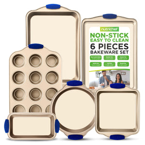 NutriChef Bakeware Set Baking Pans Cookie Sheets Includes: Cookie Sheet Roasting Pan Loaf Pan Muffin Pan Square Pan Cake Pan Nonstick Kitchen Oven Trays Gold 6 pc Mimarta
