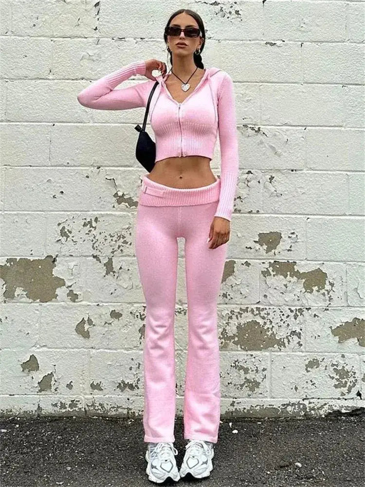Knitted Hoodie Cropped Top And Pants Set Rieworkes